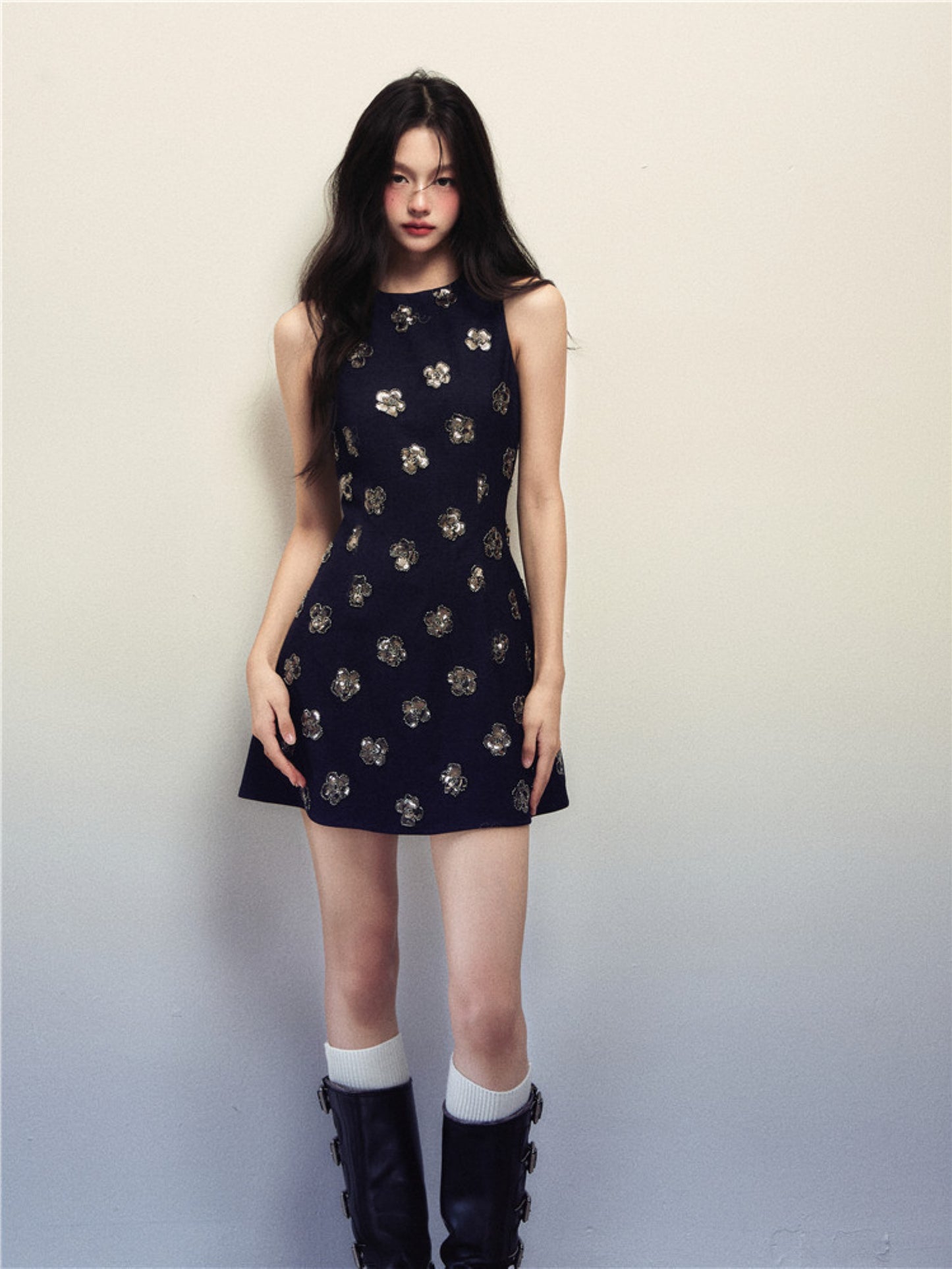 1P - “Shut Down” Midnight Sequin Bloom Mini Dress