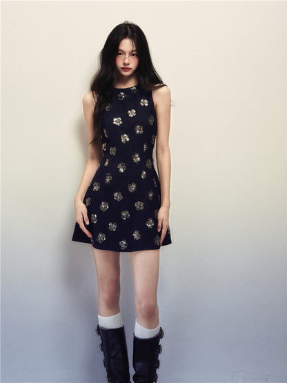 1P - “Shut Down” Midnight Sequin Bloom Mini Dress