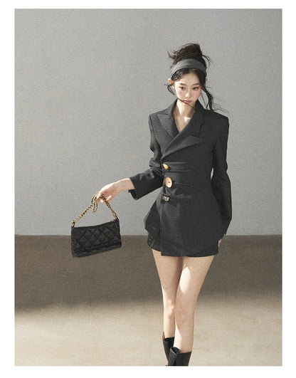 AOMALM - Deep Slate Gray Tailored Blazer & Shorts Set