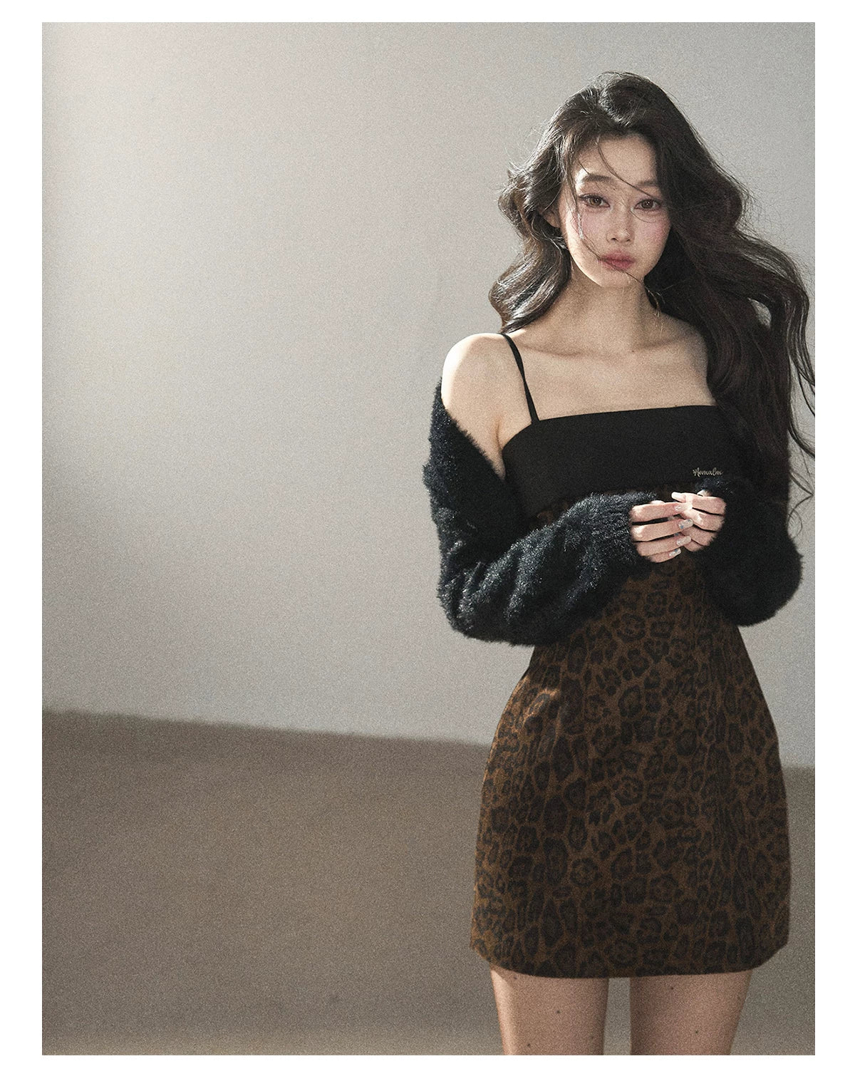AOMALM - "Wildland Reverie" Slate Brown Leopard Print Fitted Cami Dress & Obsidian Black Shawl