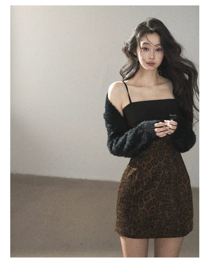 AOMALM - "Wildland Reverie" Slate Brown Leopard Print Fitted Cami Dress & Obsidian Black Shawl