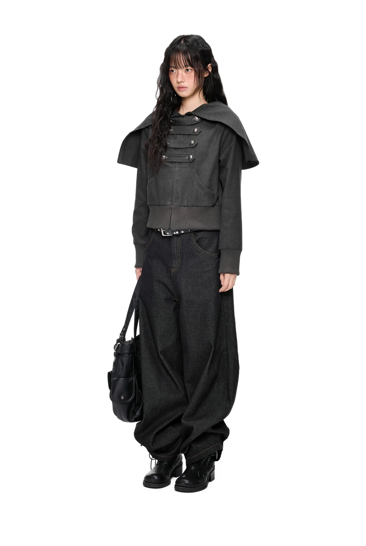 EZEK | Cropped Hooded Sweatshirt Jacket with Double Metal Snap Closure (Black / Gray)
