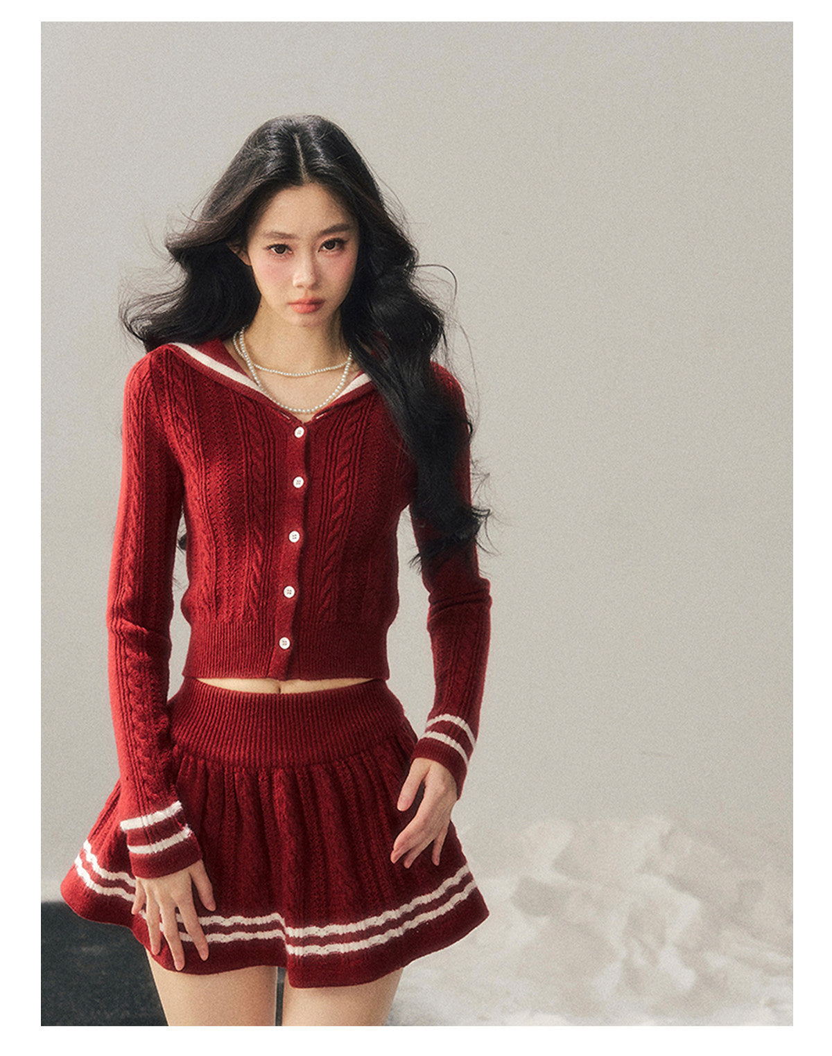 少也眼 "Whispers of the Evening Breeze" Collegiate Red Knit Two-Piece Set