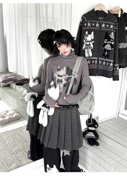 "Forgotten Corner" Mock Neck Gray Base Layer Top & Black Gray Plaid Skirt Set