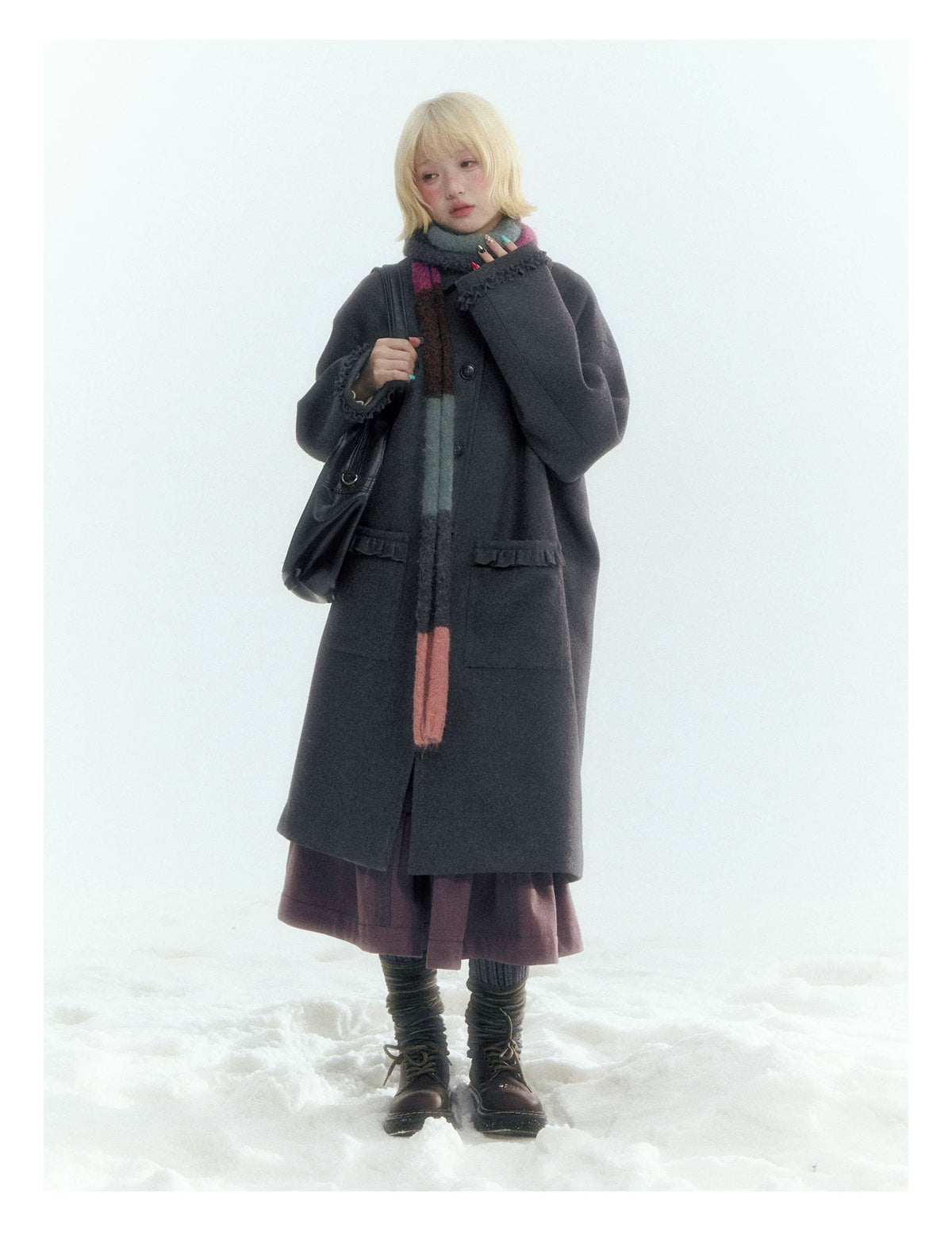 Horridale - Korean-Inspired Dark Gray Ruffle-Trim Long Wool-Blend Coat