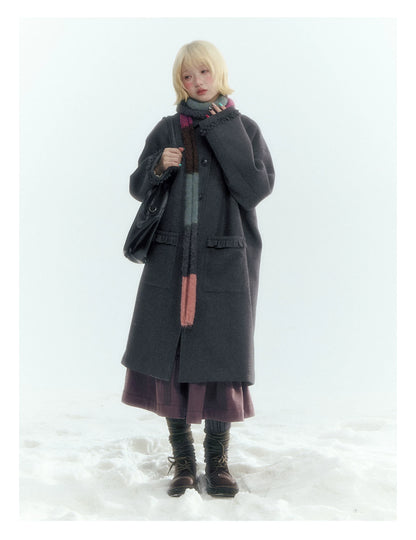 Horridale - Korean-Inspired Dark Gray Ruffle-Trim Long Wool-Blend Coat