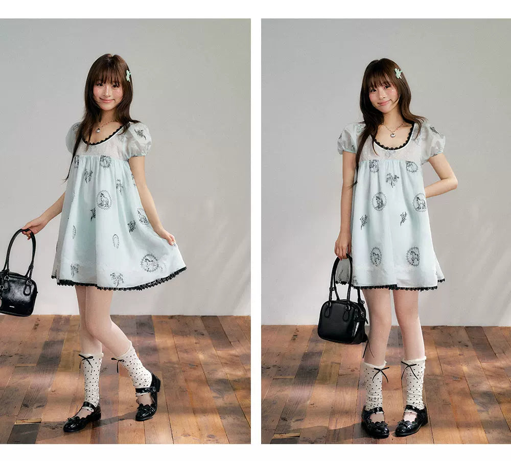 “Brown Sugar Fairytale” Blue Embroidered Puff Sleeve Dress