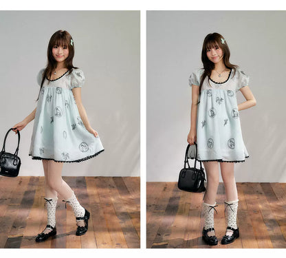 “Brown Sugar Fairytale” Blue Embroidered Puff Sleeve Dress
