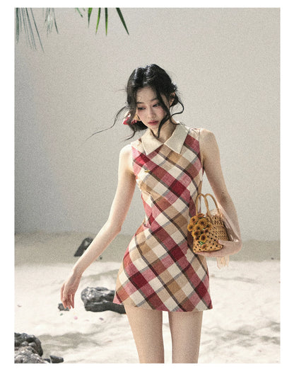 "Sunset by the Shore" Vintage Red Plaid Polo Mini Dress 358648564