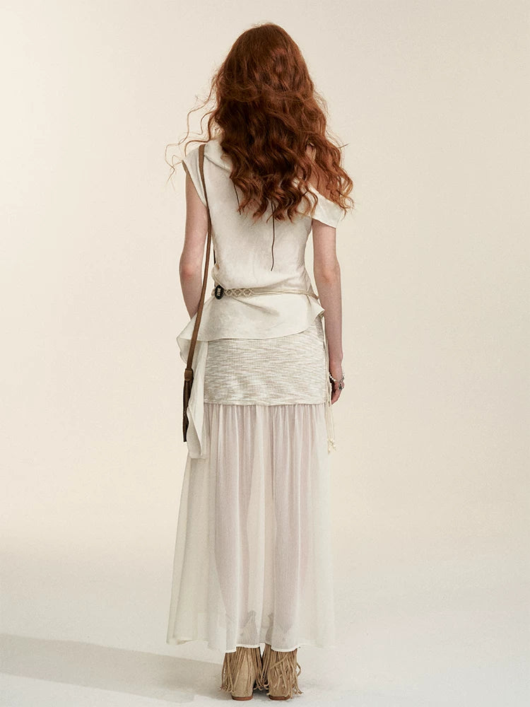 Apricot Sheer-Panel Midi Skirt