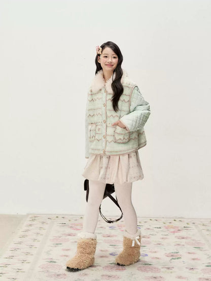 RF - Mint Green and Light Brown Fair Isle Quilted Faux Fur Vest Jacket