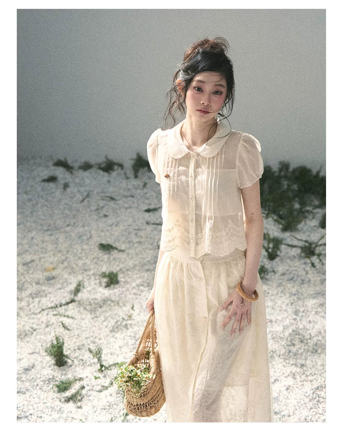 "Apricot Blossom After Rain" Dutch Cheese Lace Blouse & Maxi Skirt Set 532453