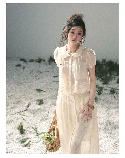 "Apricot Blossom After Rain" Dutch Cheese Lace Blouse & Maxi Skirt Set 532453