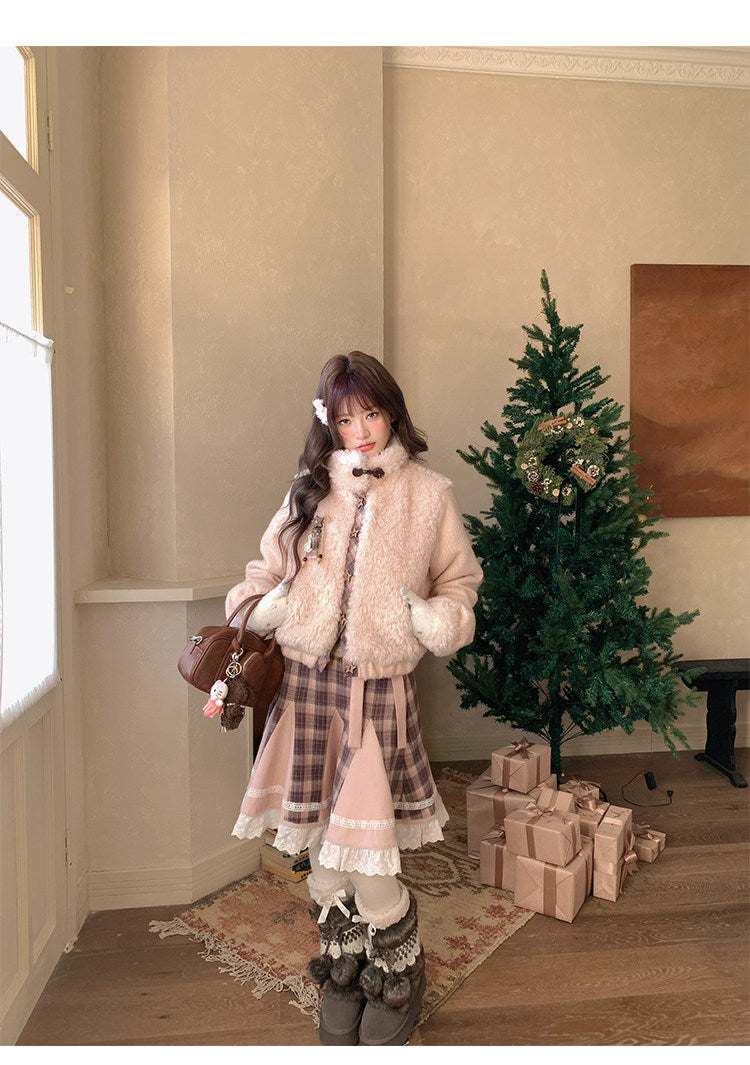 阮阮自制 - Love String Pink Plaid Wool Jacket & Mini Skirt Set