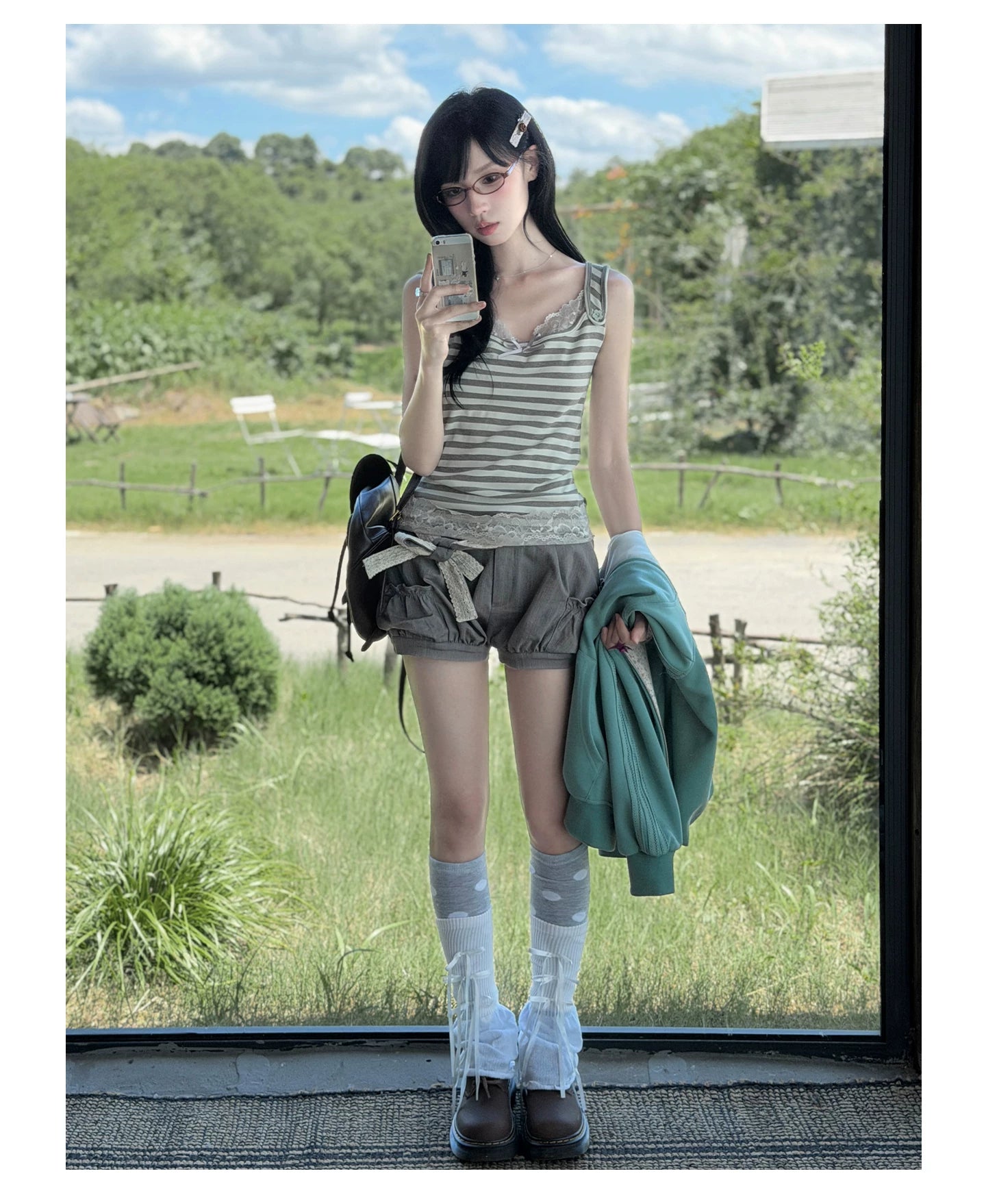 "Sage Whisper" Two-Tone Lace Cami Top (Sage Stripe / Lavender)