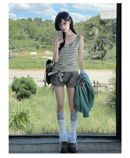 "Sage Whisper" Two-Tone Lace Cami Top (Sage Stripe / Lavender)