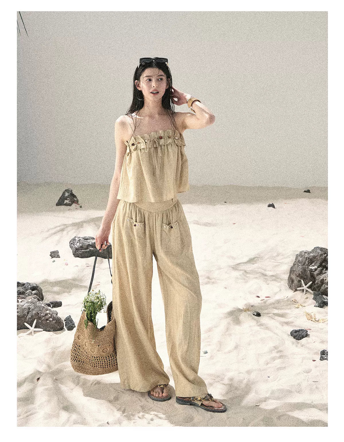 "Traces of the Wind" Sand Beige Cami & Wide-Leg Pants Set
