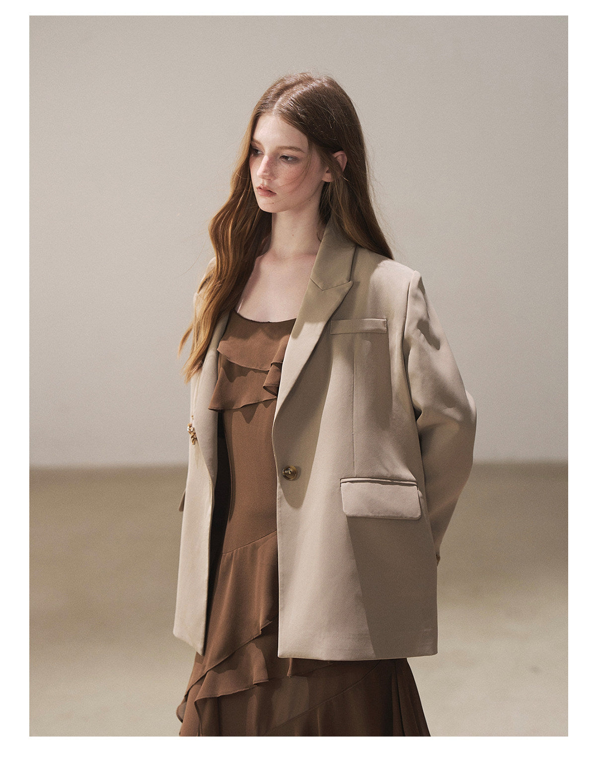 170726 "Whispers Beneath the Brown Skirt" Mocha Mousse Ruffle Cami Mini Dress + Gray Taupe Tailored Blazer