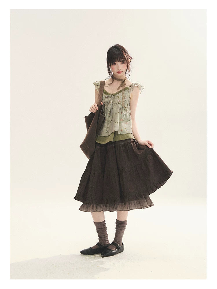 "Enchanted Forest" Moss Green Floral Lace Ruffle Cami Top