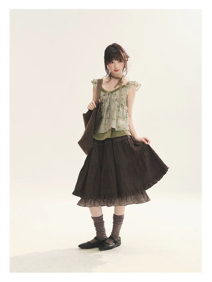 "Enchanted Forest" Moss Green Floral Lace Ruffle Cami Top