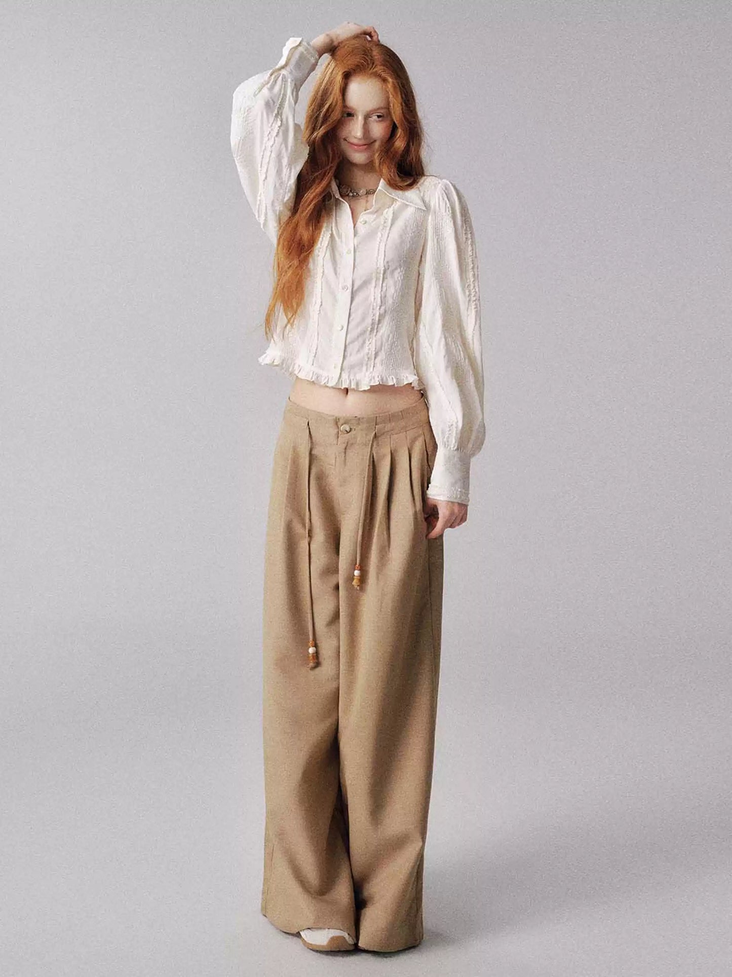 “琥珀胡桃木” Drawstring Beaded Wide-Leg Trousers