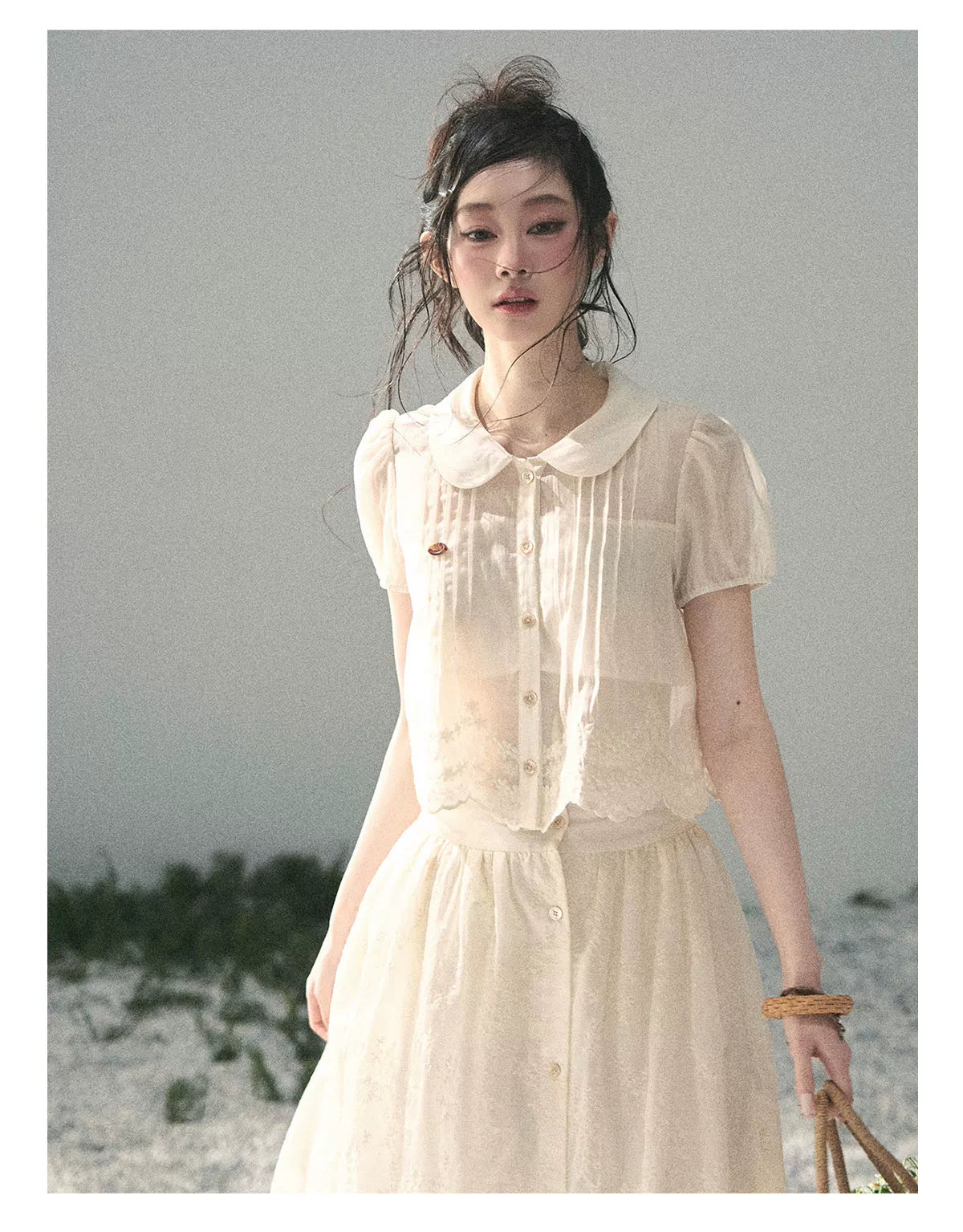 "Apricot Blossom After Rain" Dutch Cheese Lace Blouse & Maxi Skirt Set 532453