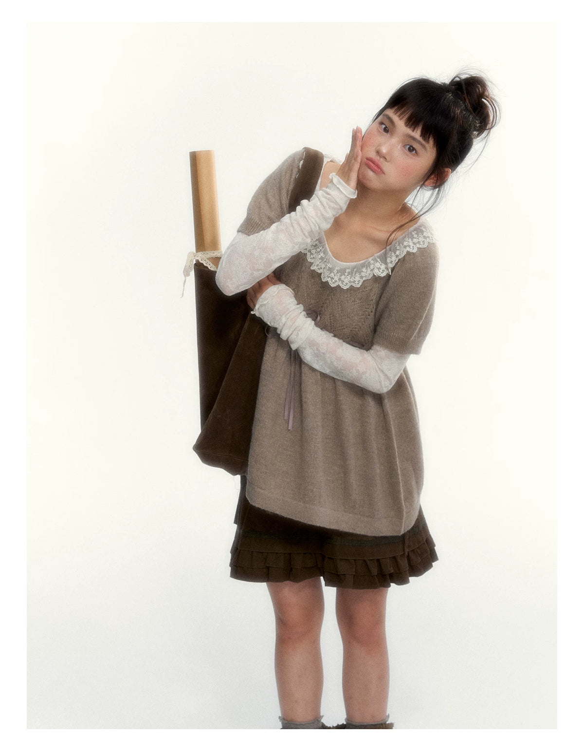 “Cloud Pleats” Chestnut Mist U-Neck Bow-Tie Puff Sleeve Knit Sweater