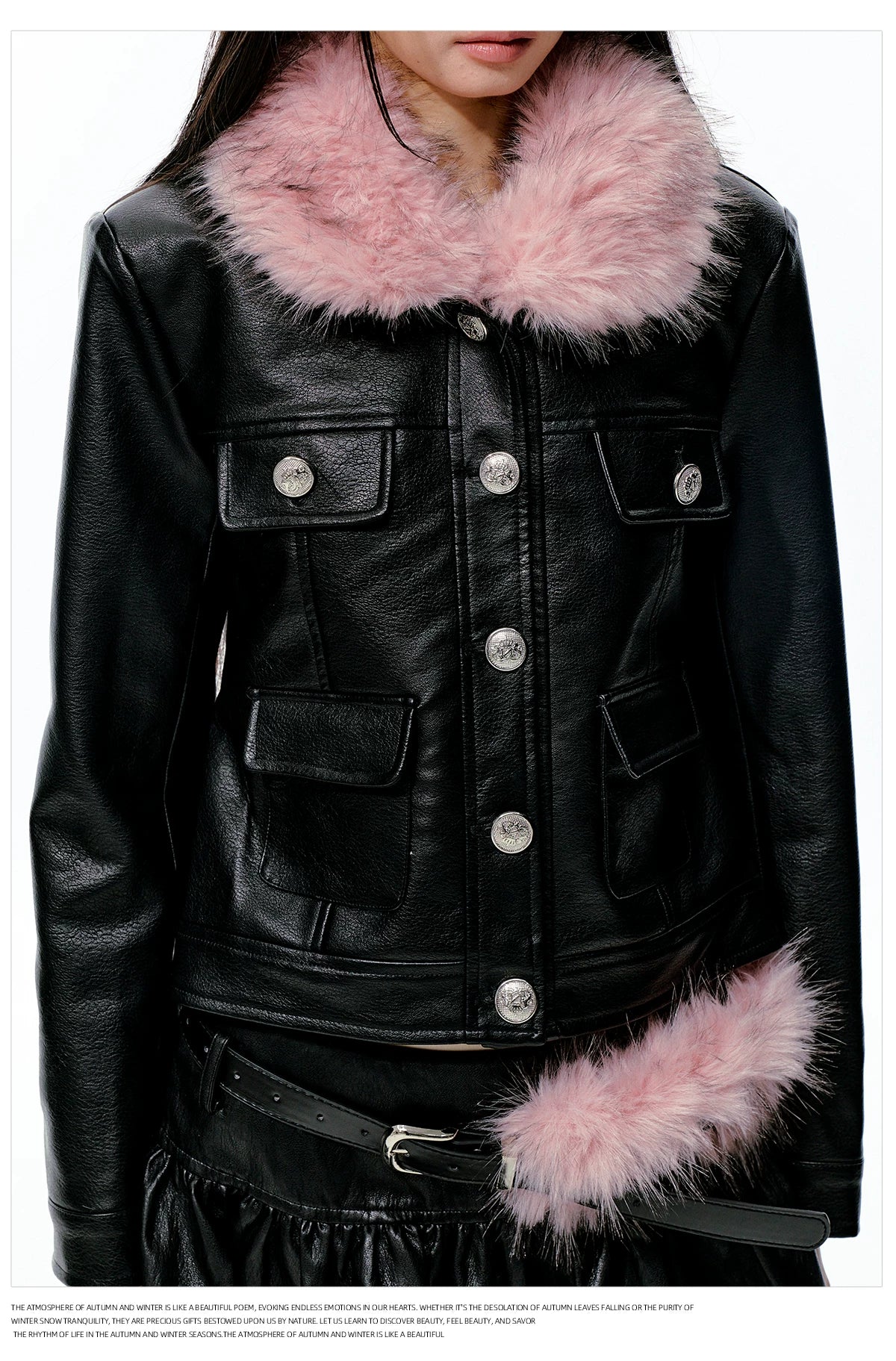 JN's DESIGN - Black Faux Leather Jacket & A-Line Skirt Set with Detachable Faux Fur