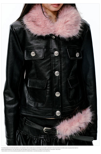 JN's DESIGN - Black Faux Leather Jacket & A-Line Skirt Set with Detachable Faux Fur
