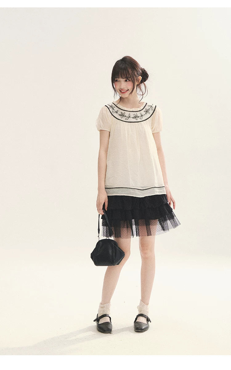 "Black & White Sonata" Polka Dot Mesh Tiered Jellyfish Skirt (White/ Black)