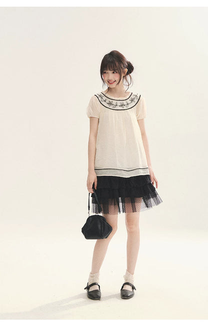 "Toasted Cookie" Yellow Flower Rope Embroidery Babydoll Top