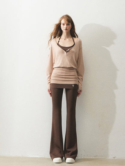 "晨间漫步" Morning Stroll Knit Set – Faux-Layered Top & Flared Yoga Pants