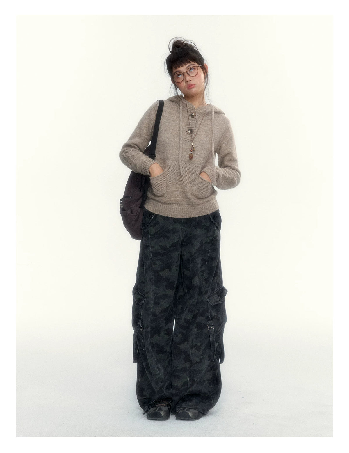 Oatmeal Ribbed-Hem Hooded Knit Sweater