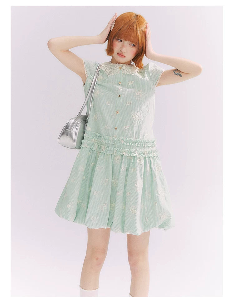 “Mint Lime” Green Stripe Lace Babydoll Dress