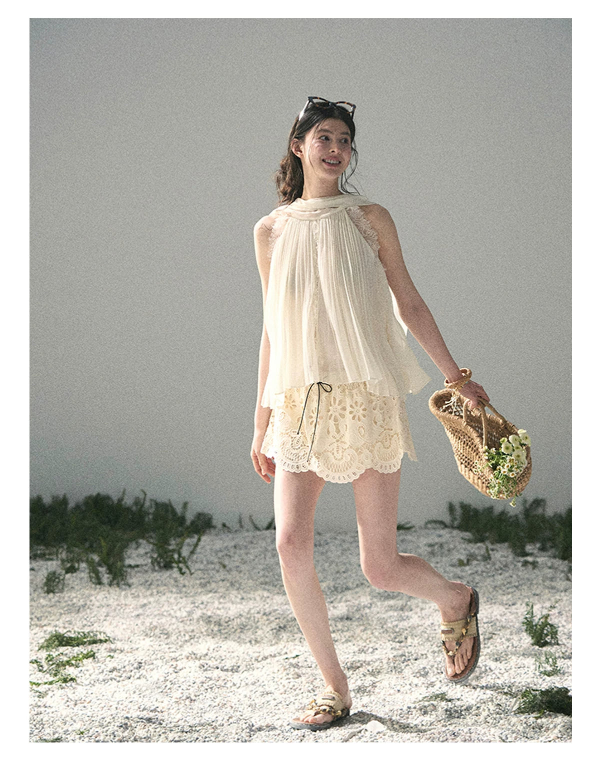 “Summer Light Through Pleats” Ivory Lace Pleated Halter Blouse