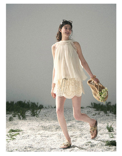 “Summer Light Through Pleats” Ivory Lace Pleated Halter Blouse