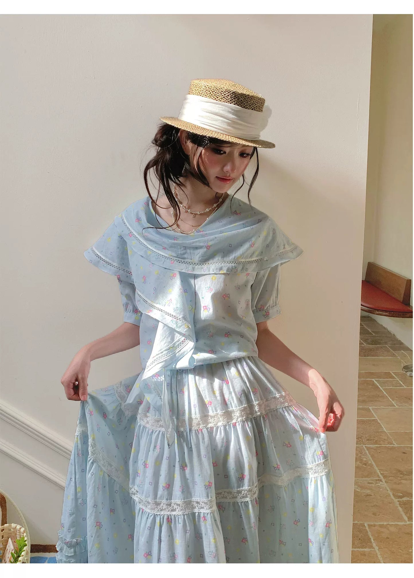 “Blue Blossom Chronicle” Ice Blue Floral Skirt Set