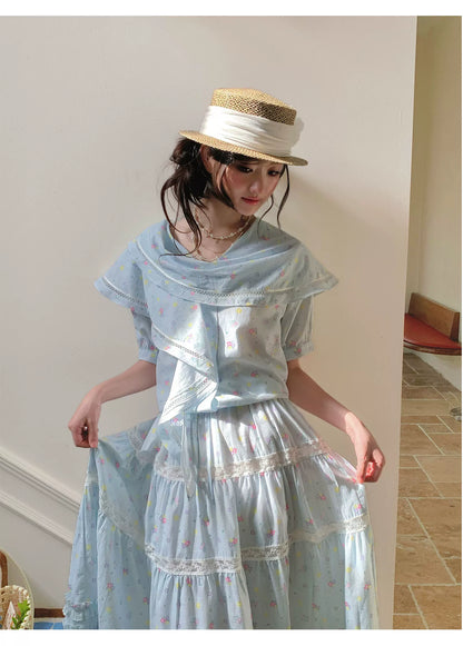 “Blue Blossom Chronicle” Ice Blue Floral Skirt Set