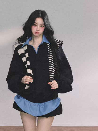 少也眼 Preppy American-Style Layered Look Sweatshirt with Cape
