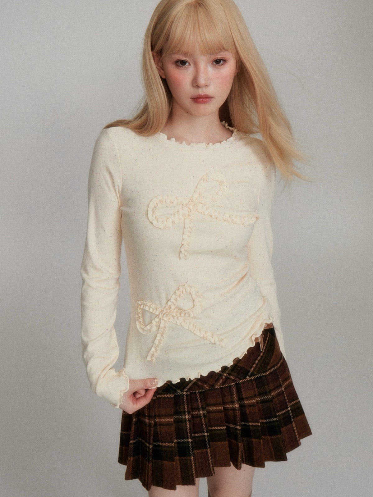 “Cozy Winter Speckled Bow” Lenzing Lyocell Long-Sleeve Base Top - Apricot Yellow M6669