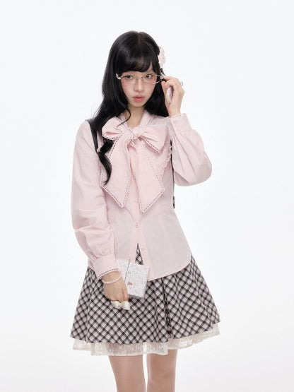 “Melody Academia” Pink Blazer + Blush Pink Shirt + Black & White Plaid Skirt Set