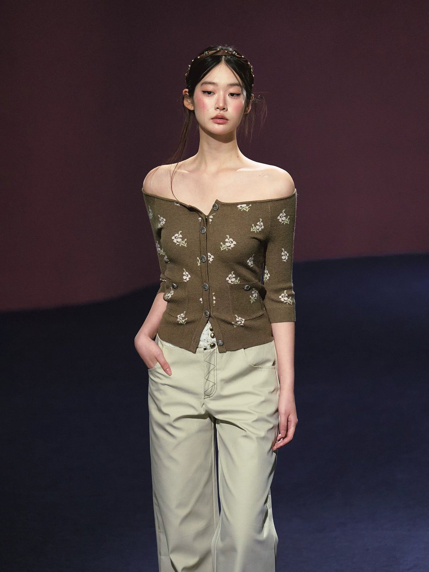 Floral Mosaic Off-Shoulder Knit Top (Ivory/ Dark Brown)