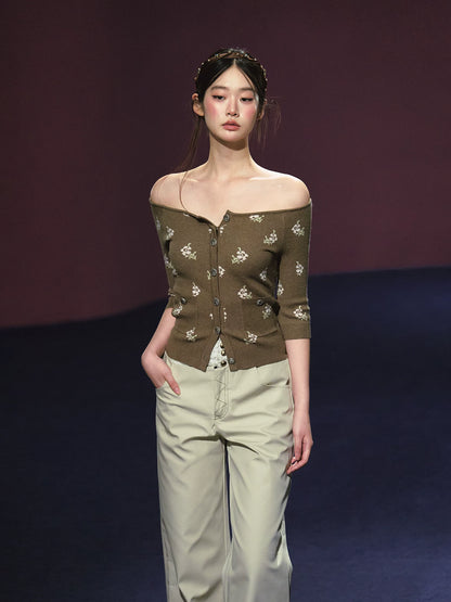 Floral Mosaic Off-Shoulder Knit Top (Ivory/ Dark Brown)