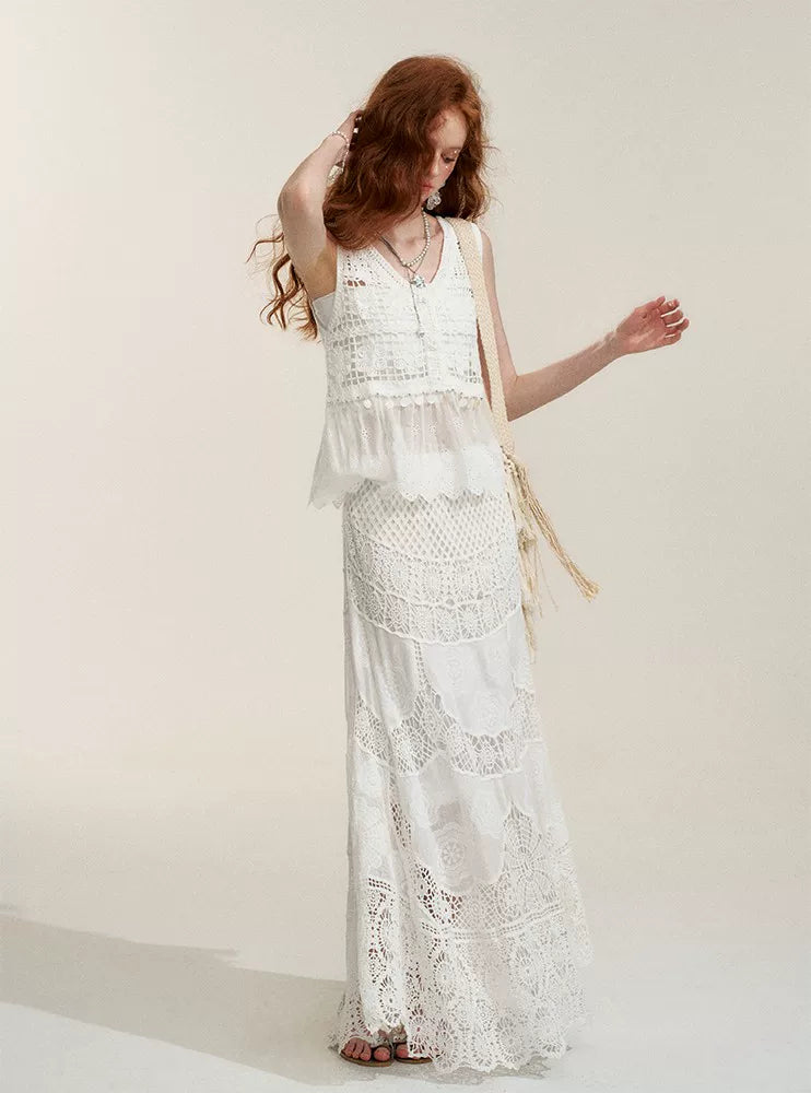 White Floral Embroidery Crochet-Detail Blouse