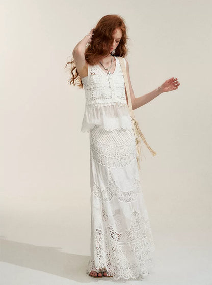 White Floral Embroidery Crochet-Detail Blouse