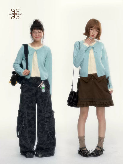 Korean Contrast Bow-Tie Layered Knit Cardigan (Blue / Purple)