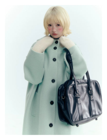Pale Aqua Green Hooded Cocoon Wool-Blend Coat