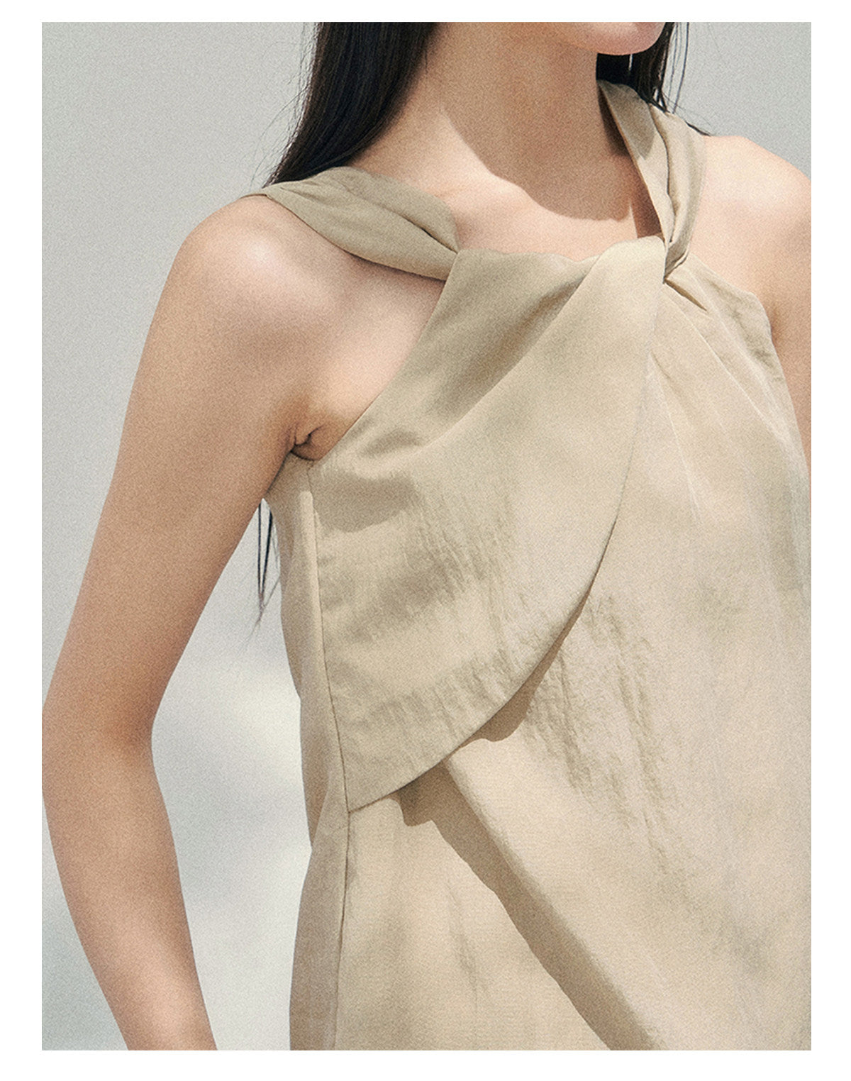 “Soft Khaki Whisper” Milk Tea Halter Twist Top & Wide-Leg Trousers