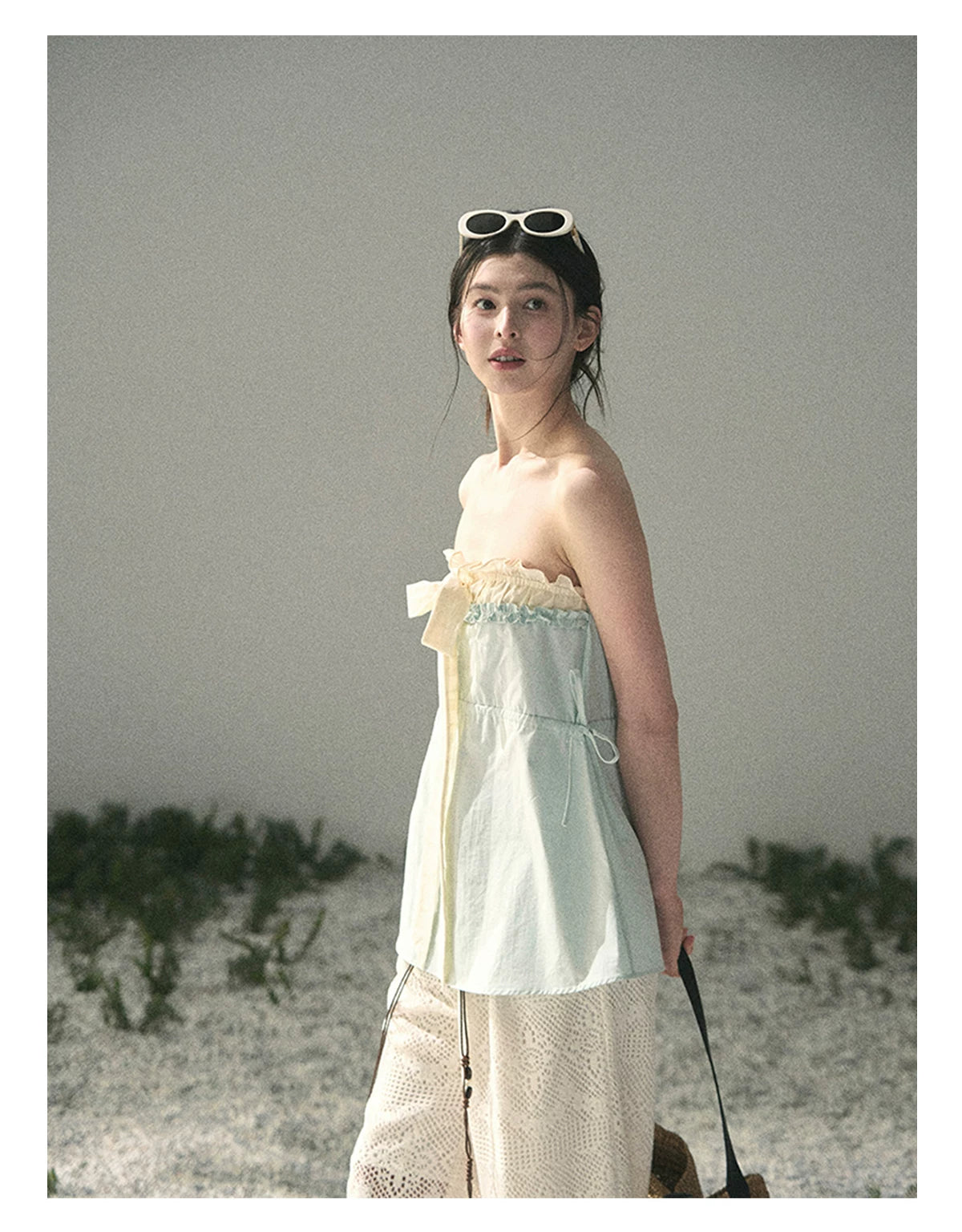 “Blue Whispers on Ivory” Mint Ruffle Bustier Top