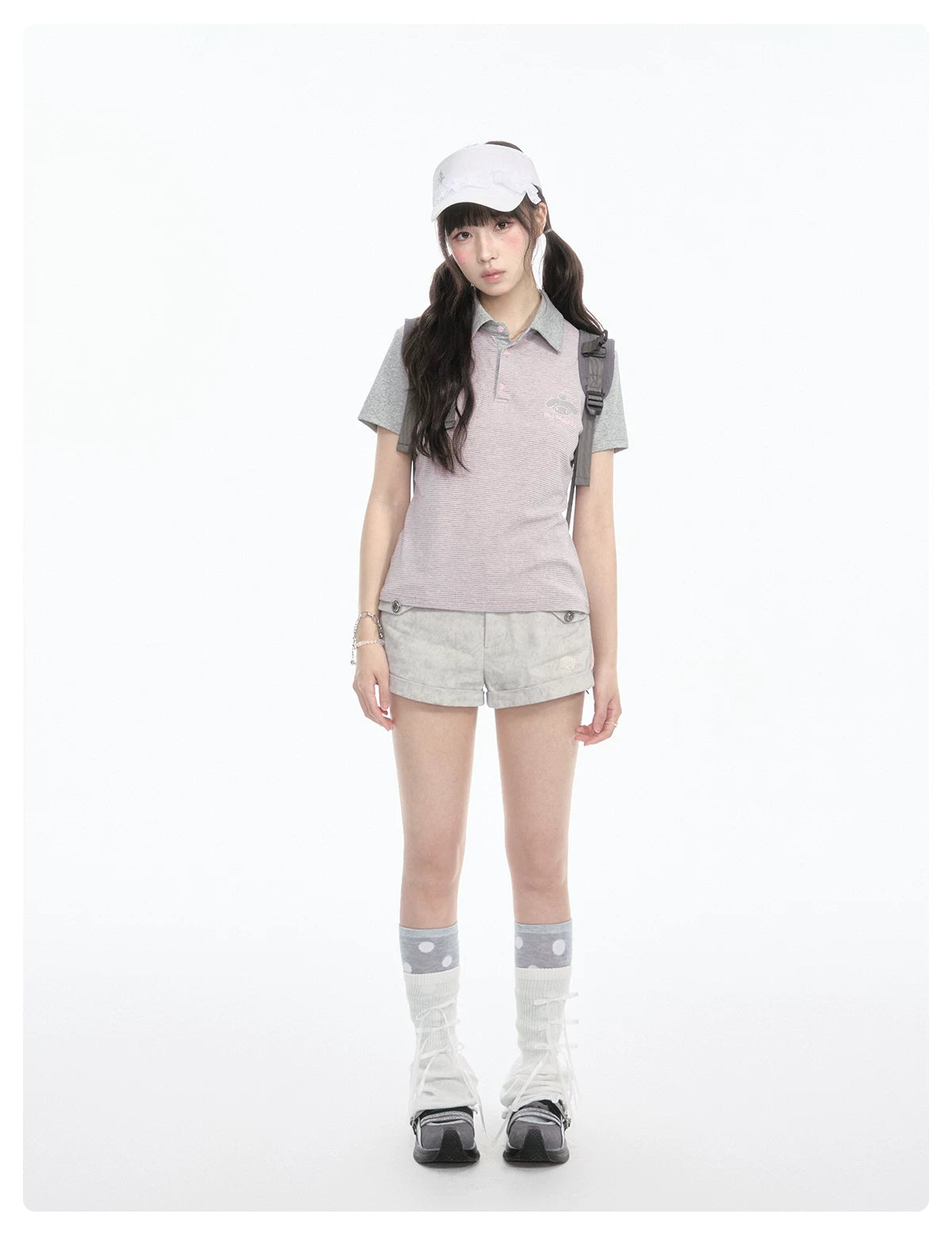 Contrast Stripe Light Gray Pink Polo Collar Short Sleeve Top / Shorts